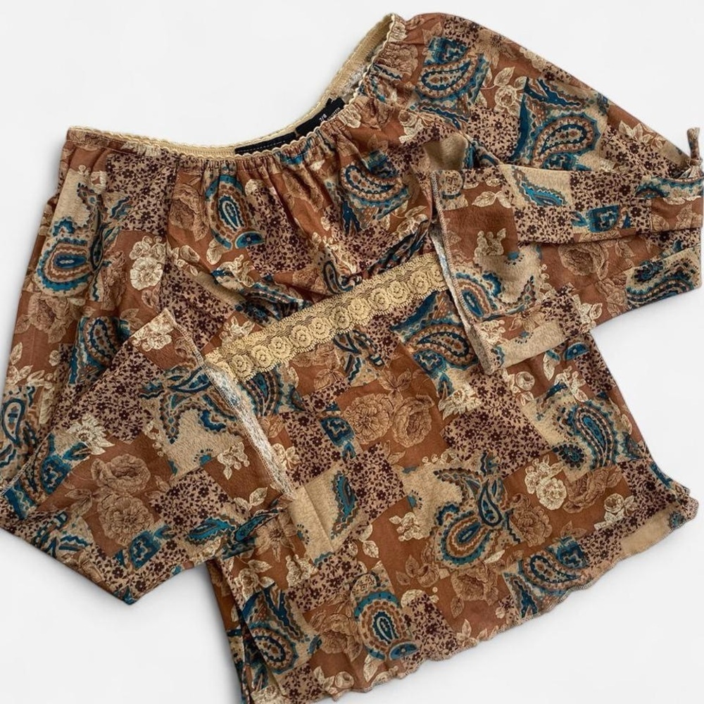 Vintage Y2K brown paisley mesh boho long sleeve top
